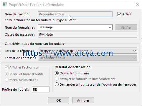 modifier les actions des messages microsoft outlook