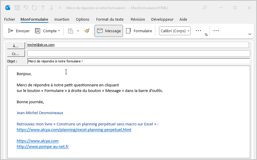nouveau courriel contenant le formulaire