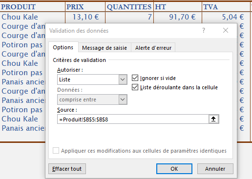 Création d'une liste de validation sur excel