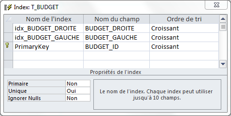 définir des index sur une table microsoft access