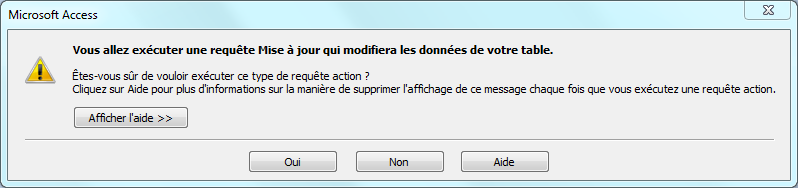 message confirmation access execution requete mise a jour