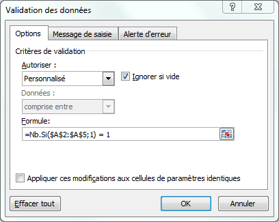 Capture écran validation de données doublons