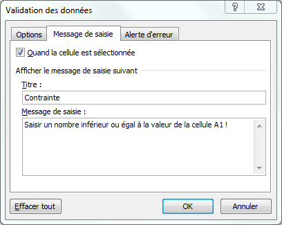 Capture écran Message de saisi validation de données